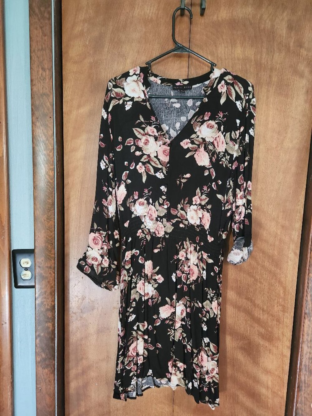 Faded Rose XL Black Pink Floral Faux Wrap Midi Dress Long Sleeve